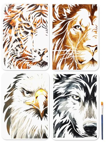 MAYJOYDIY 4Pcs A4 Animal Theme Eye Stencils Tiger Lion Wolf Eagle Templates for Painting 29.7×21cm with Paint Brush Reusable Animal Stencils for Craft on Window Wood Wall Home Decor