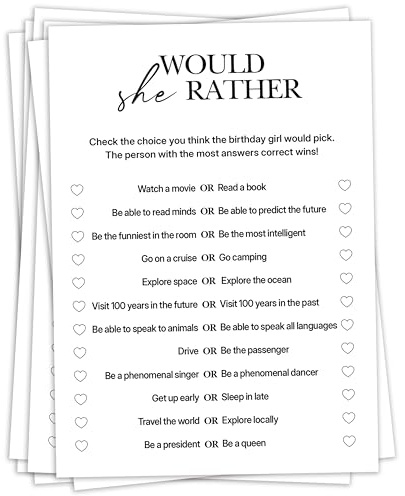 Sahjzk Birthday Party Games, Would She Rather, 25 Pcs Card Set for Guests, Fun Birthday Game for Teen Adults – A04