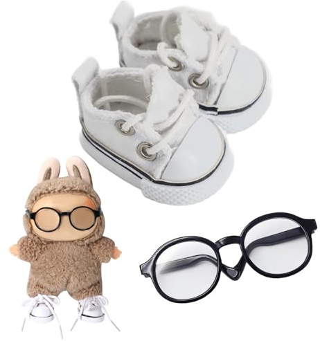 Chritice 2PC Doll Shoes and Doll Glasses,Intended for Labubu,Mini Accessories for 1.2.3 Generation Monster Figure and 17CM Dolls,1 White Shoes + 1 Black Glasses