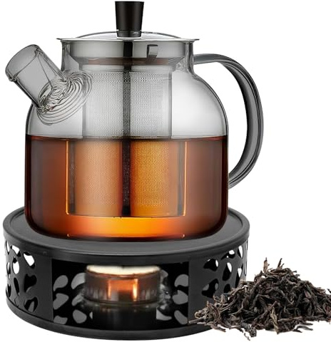 Tetera con colador, tetera de 1500 ml con calientaplatos, tetera de cristal negro, tetera con colador, tetera de vidrio de borosilicato, para té suelto, bolsas de té, para todos los tipos de té