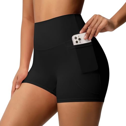 AYESY Cycling Shorts Women, High Waist with Pockets Running Gym Shorts for Women Tummy Control Tights Soft Opaque Workout Sport Yoga Running Short Black