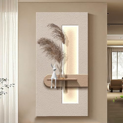 Decoración de Pared de Arenisca con luz LED, Escultura Artística De Pared con Jarrón, Escultura Colgante Moderna, Mural de Pared Brillante for Pasillo, Sala de Estar(White 3,40 * 80cm/16 * 31.5in)