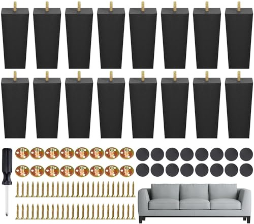 TURSTIN Set of 16 Black 6 Inch Square Solid Wood Furniture Legs Wooden Replacement Feet for Sofa, Couch, Chair, Bed, Cabinet, Table, Includes Screws, Iron Washers, Felt Pads & Screwdriver