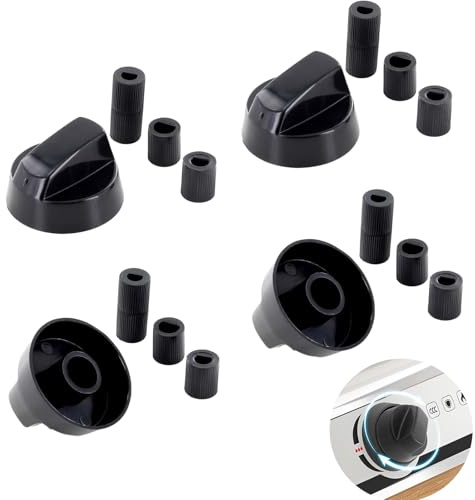 Botones de Control Universal para Cocina de Gas, Pack de 4 Interruptores Negros, Perillas Giratorias para Estufas de Gas, Horno y Placas de Cocina, Incluye 12 Adaptadores