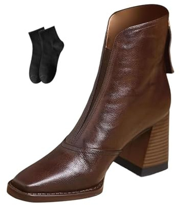POIOZXD Botines cortos de piel para mujer, para otoño e invierno, punta cuadrada, retro, con cremallera trasera, tacón grueso, plataforma para exteriores, zapatos cómodos para mujer, Brown, 34.5 EU