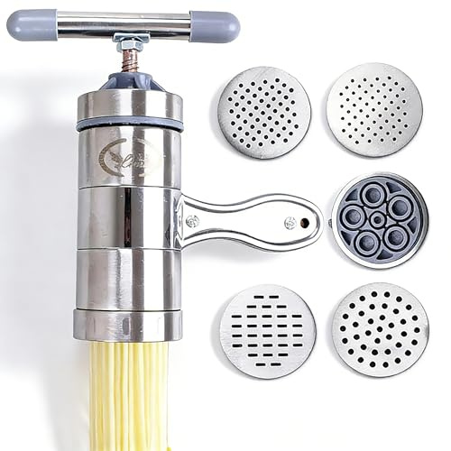 BANGSHOU Stainless Steel Pasta Maker Juice Squeezing Machine,Manual Pasta Maker, for Make Different Thickness and Shape Noodles and Fettuccine, Included 5 Noodle Mould