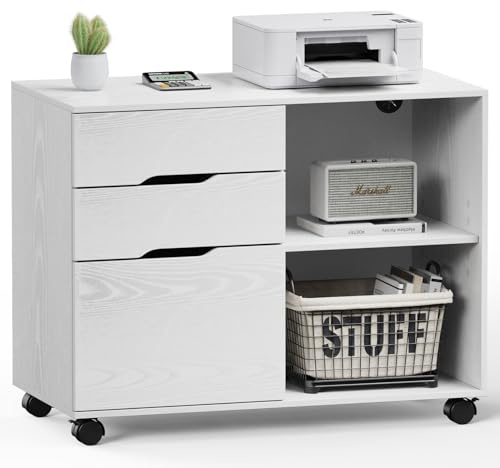Sweetcrispy Rollcontainer mit 3 Schubladen,Aktenschrank und Druckerschrank mit Rollen,offene Ablage,höhenverstellbarer Einlegeboden,Hängeregistratur A4/Letter/Legal,80x40x62cm,Weiß,für Büro Zuhause