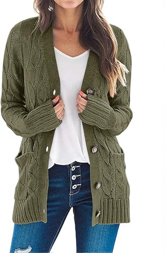 MEROKEETY Women's 2025 Fall Long Sleeve Cable Knit Cardigan Sweater Open Front Button Loose Outerwear Army Green
