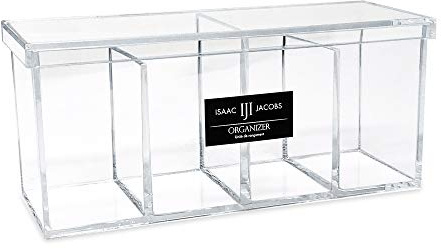 Isaac Jacobs 4-Compartment Clear Acrylic Organizer with Lid (9” L x 3” W x 4” H), Makeup Brush Holder, Sectional Tray, Storage Solution for Makeup, Crafts, Office Supplies & More (1, Clear)