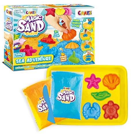 CRAZE MAGIC SAND Sea Adventures | Kinetischer Sand Set 600 g bunter Magischer Sand in 2 Farben mit Förmchen & Koffer, Kreativ Set für Kinder