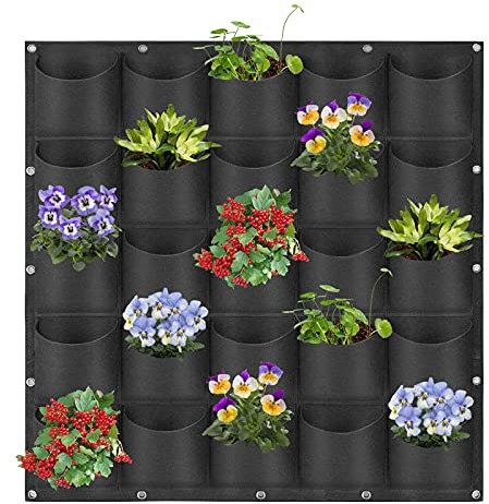 WHATWEARS Hanging Planter Bags, 25 Pockets Hanging Vertical Wall Mounted Planter Planting Grow Bag, Gardening Vertical Greening Flower Container Plant Pouch Storage Bags(1m×1m, Black)