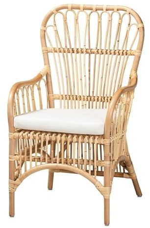 BOWERY HILL Modern Rattan Fabric Armchair, 39.5 H x 24 W x 22 D, Natural Beige Finish, Foam-Padded Removable Cushion, Spindle Design, Handmade Accent Chair for Living Room or Bedroom
