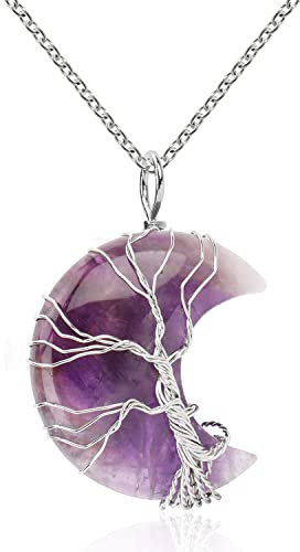 Collana con ciondolo avvolto in filo di albero della vita, ciondolo a mezzaluna di luna di Reiki, ciondolo di pietre preziose naturali dell'involucro del filo fatto a mano per le donne, Cristallo,