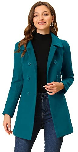 Allegra K Damen Coat Langarm Bubikragen Zweireiher Taschen Winter Trenchcoat Mantel Seeblau M