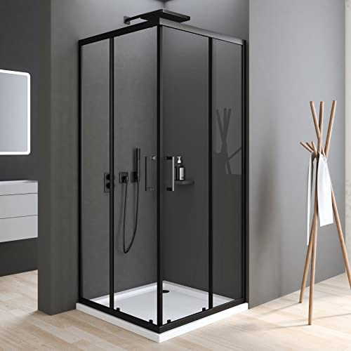 Duschkabine Schwarz 75x90 cm Eckeinstieg Duschkabine mit Schiebetür Duschabtrennung 6mm ESG Glas Höhe 185cm, LINKS & RECHTS MONTIERBAR