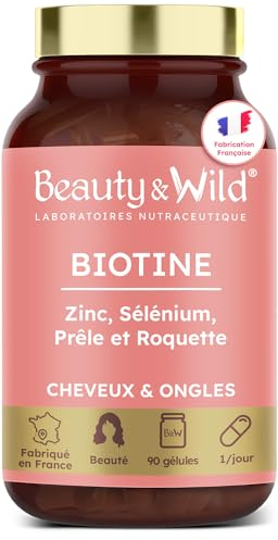 BIOTINE pousse CHEVEUX | Complément alimentaire Cheveux, Peau, Ongles | Pousse Croissance cheveux | Vitamine B8, Prêle, Roquette, Zinc, Sélénium | VÉGAN | 1 gélule/jour | Made in France | Beauty&Wild