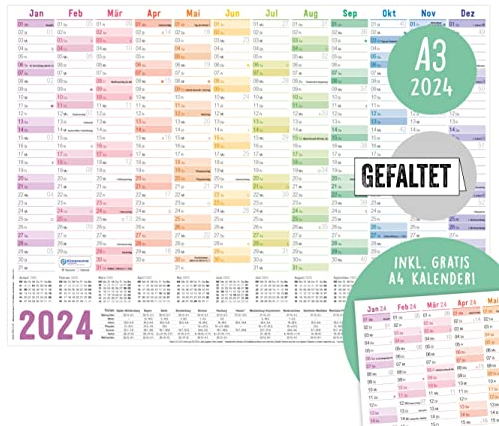 Häfft Wandkalender 2024 A3 (42 x 30 cm) gefalzt [Rainbow] für 12 Monate: Jan - Dez 2024 | Wandplaner mit Ferien-Übersicht und Feiertagen + extra A4-Kalender | nachhaltig & klimaneutral