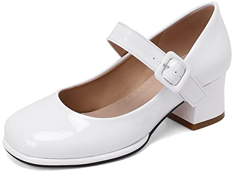 Lizoleor Mary Janes Talon Carré Plateforme Bout Rond Bride Cheville pour Femme De Mariée Fête Confortable Robe Vernis Blanc Taille 38 EU/39CN