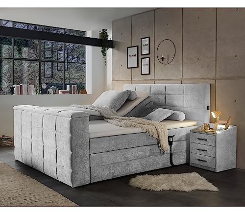 Lomadox Boxspringbett 180x200 cm elektrisch verstellbar mit 2 Nachttischen | Doppelbett mit Nachtschränken in grau mit Härtegrad H2