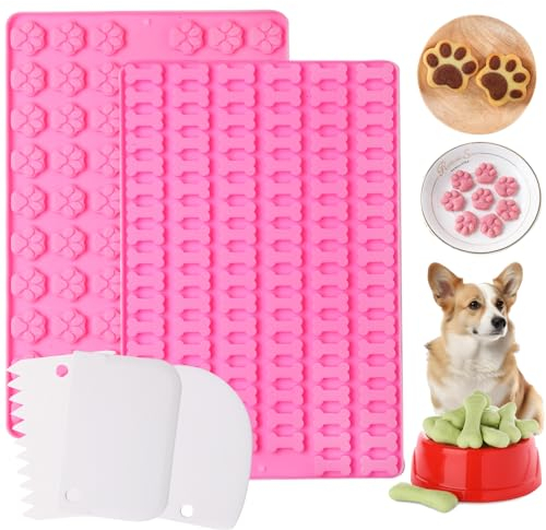 2 Pcs Mini Silicone Dog Treat Moulds Paw Bone Shaped Reusable Ice Cube Trays Making Kit for Baking Chocolate Jelly Cake Biscuit Candy Gummy Cookie Soap Molds DIY with 3 Dough Scrapers