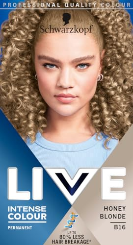 Schwarzkopf LIVE Intense Colour Honey Blonde Permanent Hair Dye B16, Long Lasting Blonde Hair Colour for Up to 80% Less Hair Breakage, Hair Lightener with anti-brassiness effect