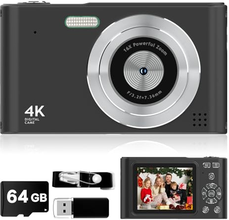 Cámara digital 2025, cámara para niños 1080P, cámara de vlog con tarjeta de 64 GB, cordón, zoom 16X antivibración, lector de tarjetas, cámara compacta portátil de 44 MP, regalo para niños,