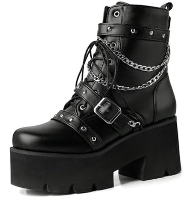 GHSIRUEU Platform Ankle Boots for Women Gothic Round Toe Studded Lace up Chain Zipper Combat Booties Motorcycle Boots,Black,11 UK