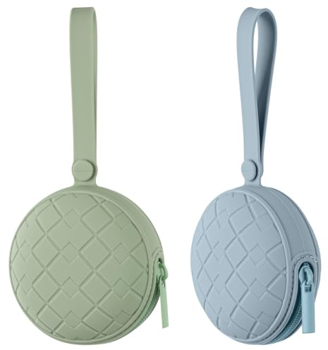 2 Pack Silicone Pacifier Holder Case, Baby Pacifier Holder Pouch for Newborn, Boys and Girls, Portable Silicone Pacifier Bags (Sage+Ether)