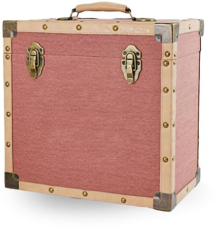 Steepletone 12 Vinyl Record Storage Box Case, with Carry Handle, Luxury Fabric and Leather Finish, Holds up to 45 LP's (Burgundy Cloth & Cream Leather)