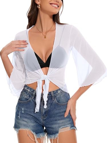 Shrugs For Women Summer Half Sleeve Cropped Bolero Cardigans Beach Coverups | soft and lightweight, elegant tie front jacket, casual bikini cover up, sheer top for daily outfits