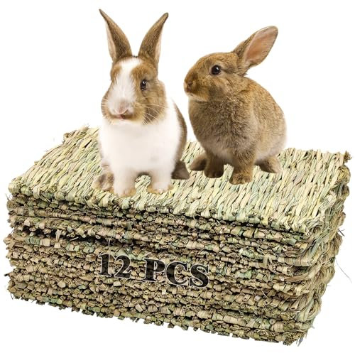 kathson 12 PCS Large Grass Mat for Rabbit, Natural Bunny Woven Hay Mat Straw Small Animal Bedding Nest for Guinea Pigs Hamster Chinchillas Puppy Biddy Sleeping Chewing Scratching
