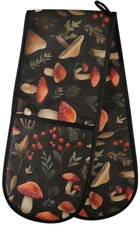 Oven Gloves Double Oven Gloves Mushroom Autnmn Forest Black Oven Mitts Pot Holder Heat Resistant Quilted for BBQ Baking Kitchen Cooking Gloves