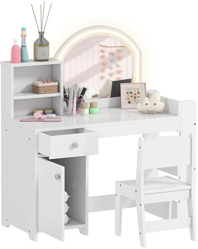 AIYAPLAY Kids Dressing Table with Mirror and Stool, Girls Dressing Table with 2-Colour LED Mirror, Cabinet, Drawer, Bookshelf and Shelves for Ages 3-8 Years, Pink