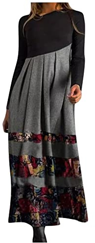 GMQWRK Vestido Midi de Manga Larga para Mujer Reino Unido Moderno Asimétrico Cuello en V Fluido Plisado Vestidos de Línea A Bloque de Color Casual Ajustado Estampado Vestidos Otoño Invierno Primavera