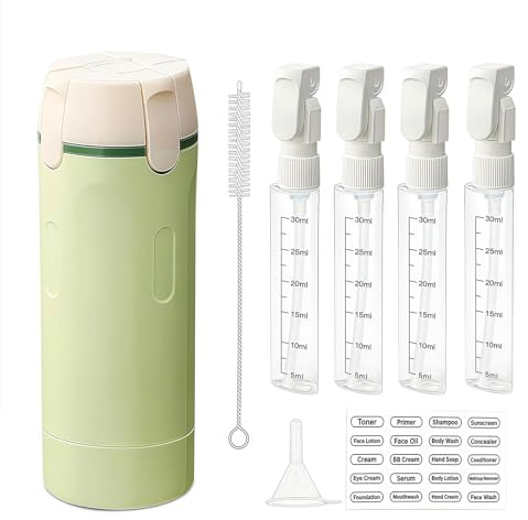 LuminaVerde Resedispenser flaska 4 i 1, påfyllningsbara reseflaskor för schampo, balsam kompakt platsbesparande vit
