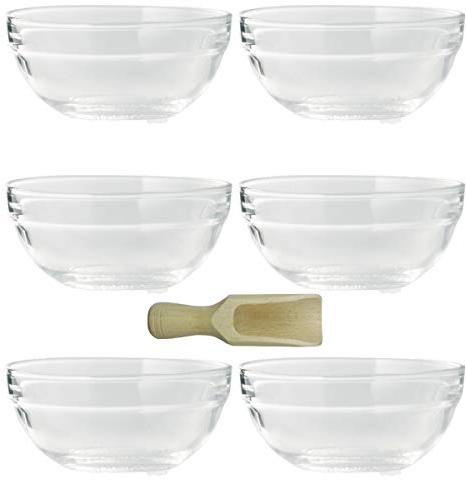 Viva Haushaltswaren - 6 x kleine Schüssel aus Glas (Ø 9 cm), als Glasschälchen sowie als Dipschale, Dessertschale, Tapasschale geeignet (inkl. kleiner Holzschaufel 7,5 cm)
