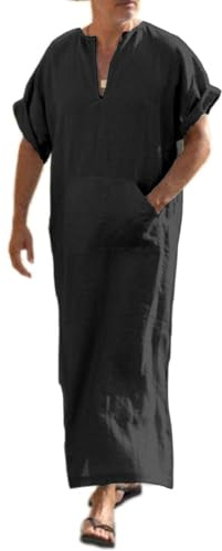COOFANDY Camicia da Notte da Uomo Kaftan A Maniche Corte Vestaglia in Cotone E Lino con Scollo A V E Tasche Nero S