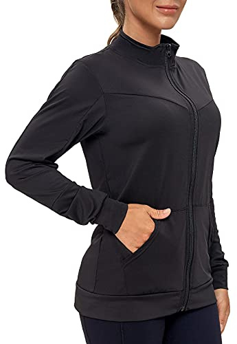 AMZSPORT Dam Sport Sweatshirt Långärmad Löparjacka med Huva med Fickor, 223002-2-svart, XL