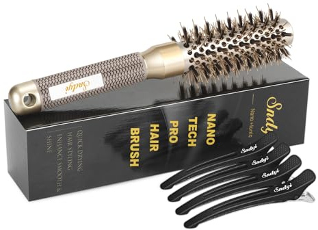 Sndyi Small Round Brush for Blow Out, Nano Thermal Ceramic Ionic Round Hair Brush with Boar Bristles, Boost Shine & Volume, For Short Hair with Quick Blow Drying & Salon Styling -2 Inch, Barrel 1 Inch