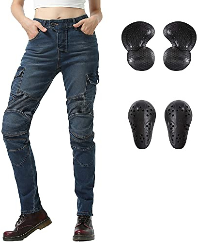 LOMENG Motorcycle Riding Pants Motorcycle Jeans Slim Fit with CE Knee Hip Removable Protectors Armor for Women Blue M 30