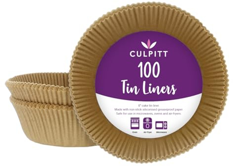 Culpitt 8 Cake Tin Liners, 100 Pack, Non-Stick Siliconised Greaseproof Paper For Baking Cakes, Pies, Tarts, Round Air Fryer Liner, Made In The UK