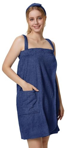 SIORO Womens Terry Cloth Wrap, Bath Towel Robe, Knee Length Bathrobe with Adjustable Straps, Facial Headband & Pockets, Soft and Absorbent Shower Towel for Spa, Pool, After Shower, Home & Sauna