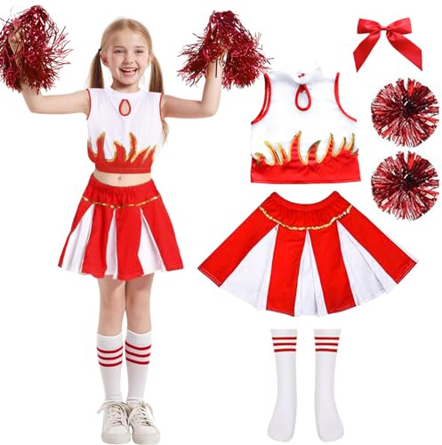MAXHJX Cheerleader Kostüm Kinder Kleid: Faschingskostüme kinder Cheerleading - Cheer Uniformen mit Pompons Socken für Halloween Dress Up Fasching Party Kostüm (Rot 2, 130(7-8 Jahre))