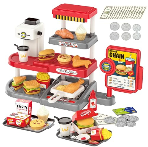 Cash Register Toy for Kids - Pretend Play Fast Food Store & Kitchen with Play Money, Sound and Credit Card - 71 Pcs Play Food Sets Kitchen with Burgers, Wings and Fries, Toy Till for kid Ages 3+