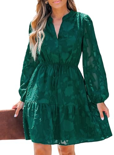 Cupshe Vestido Mini de Encaje con Volantes para Mujer, Vestido de Invitada de Boda Semiformal de Otoño, Cuello en V, Manga Larga abullonada, Cintura Elástica con Lazo, Verde, XL