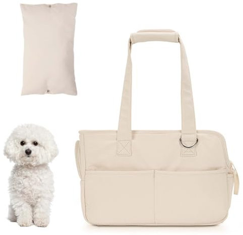 Dokeno Transporttasche für kleine Hund Katze bis 8kg, Hundetransportbox faltbar für Reise & Auto, Atmungsaktive Katzen Tragetasche Haustiertragetasche mit Tragegriffen (Beige, 41x19x31cm)