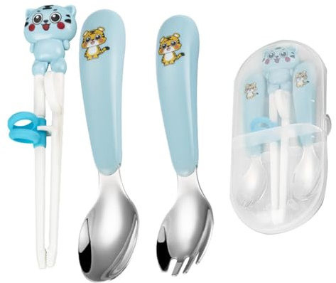 Counius Couvert Enfant,Lot de 3 Couverts pour Enfants en Acier Inoxydable,Fourchette Enfant,Set Composé d'une Fourchette, d'une Cuillère et Baguettes,Durable, pour la Maison et Les Voyages