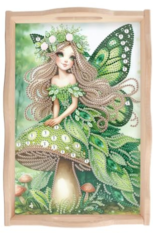 SHEGZHUC Diamond Painting Vassoio da portata con manici, elfi fate, angeli, verde, 20 x 30 cm, con diamante, vassoio in legno, rettangolare, vassoio decorativo da cucina, vassoio per la colazione per