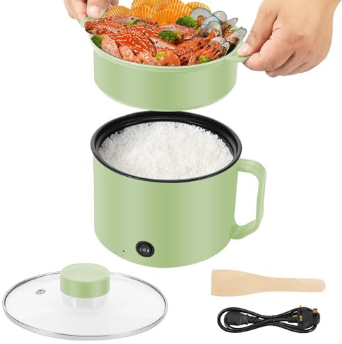 Electric Hot Pot with Steamer 1.8L/54oz Non Stick Ramen Cooker for Pasta Dumpling Soup Steak, Multipurpose Electric Skillet with Dual Power Control, Over-Heating & Boil Dry Protection(Green)