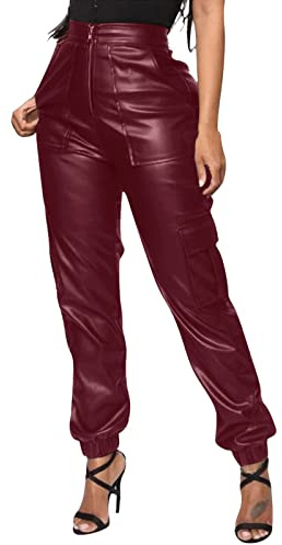 Generisch Pantaloni in pelle, da donna, a vita alta, vestibilità stretta, in tinta unita, elasticizzati, comodi, per il tempo libero, per attività all'aria aperta, elasticizzati, casual, con tasche e